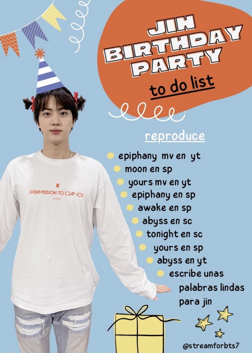 🎂 | JIN BIRTHDAY PARTY | 🎂

[🐹💜]

— by: @streamforbts7 

#HappyJinDay #LightToOurAbyss #BrightestMoonJin #OurUniverseJin