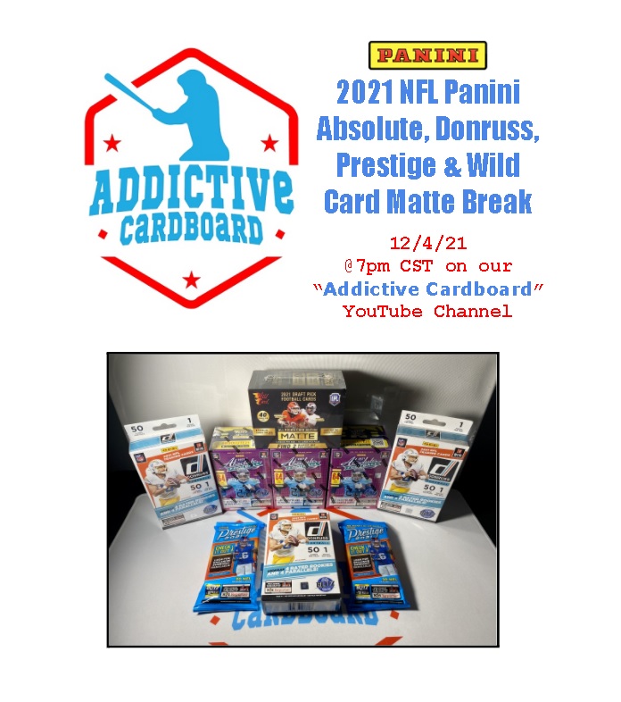 AddictiveCardb1's tweet image. 2021 Absolute, Donruss, Prestige, &amp;amp; Wild Card NFL Break tonight at 7pm CST! Team auctions start ending in under 3 hours. Get in on some teams now and let's rip!

ebay.com/str/addictivec…

@HobbyConnector @CardPurchaser @Hobby_Connect @sports_sell @BuySellTradeC98 

#liveboxbreaks