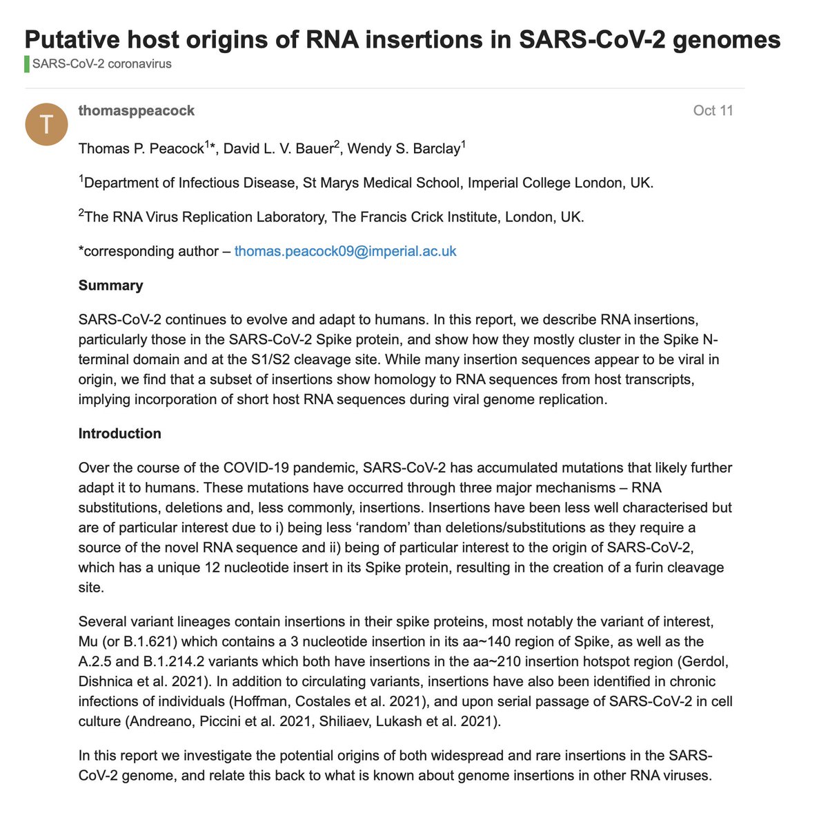 EricTopol's tweet photo. 2 new reports on RNA insertions in the Omicron variant, potentially derived from (homology with) human host, that represent "wildcard" mutations, making their impact hard to predict https://t.co/u6JXMVw0EB via @JeremyFarrar 
https://t.co/gUME3v9PEi via @PeterHotez https://t.co/DpleDOmFh6