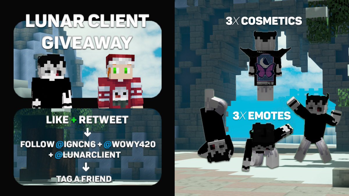 h6rish's tweet image. Happy Holidays! ☃️
@wowy420 and I will be doing a Lunar Client giveaway.

We're giving away:
- 3x Cosmetics
- 3x Emotes

To Enter:
- Like + Retweet
- Follow @igncn6 + @wowy420 + @LunarClient
- Tag a Friend

❄️ Good luck!