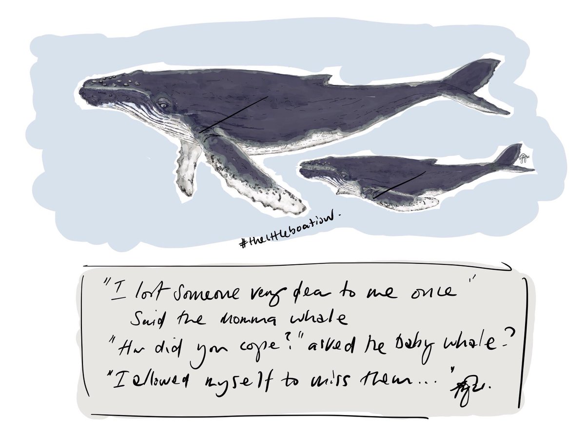 “I lost someone very close to me once” said the momma whale 

“How did you cope?” Replied the baby whale

The momma whale paused “… I allowed myself to miss them” she replied. 

Stefan #thelittleboatiow #GriefAwarenessWeek