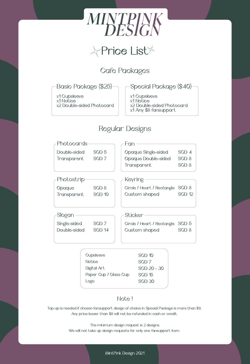 mintpinkdesign's tweet photo. 𖤐 welcome to mint pink design 𖤐

please dm to request for a design! minimum of 2 fansupport design is needed for each request 𖤐 do read the terms &amp; conditions before requesting ๑`^´๑

#design #designcommission #cafeevents #cupsleeve #cafeeventsg #singapore #kpop #commissions https://t.co/FFjU3IwQS4
