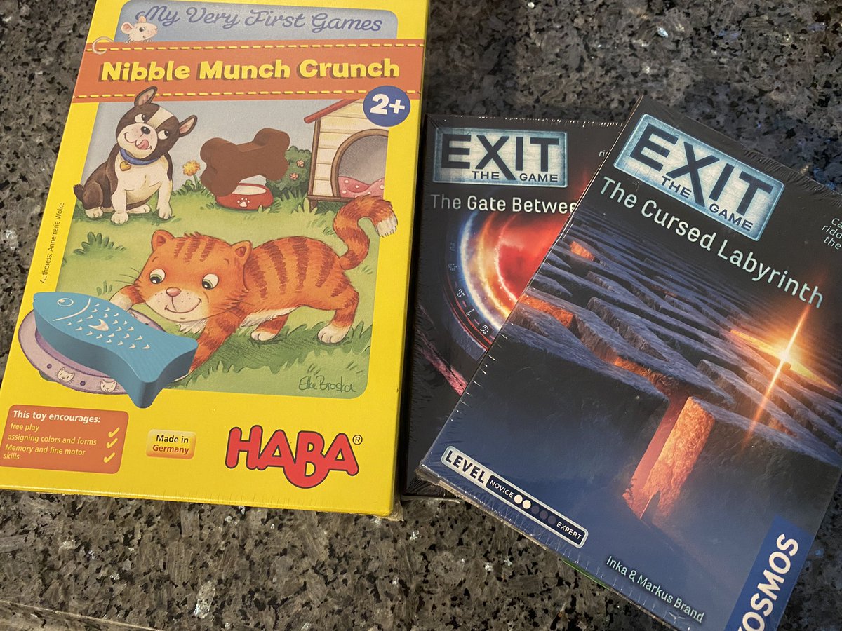 We went to my FLGS for the first time in over 2 years and they had a shelf of HABA kids games and a lot of EXIT games! So we bought some we hadn’t played yet. My toddlers saw the HABA shelf and said, “HABA!” That’s the only publisher they know the name of.