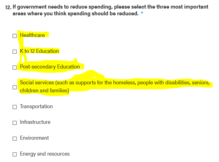 ChubbyChucks's tweet photo. From Kenney's budget survey. This makes me livid, why are these even choices? https://t.co/u0fkZgXHYG
