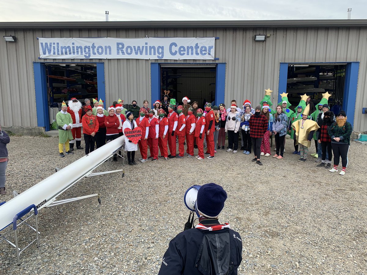 IncNow's tweet photo. “Essential workers” costumed rowers in red medical scrubs took first prize in the 21st annual @RowingAtWRC #SantaRow to benefit the #MinistryOfCaring @INWilmingtonDE… Thanks to Brother Ronald and all the rowers who participated. @MayorMike2020 https://t.co/gxefQAQJWj