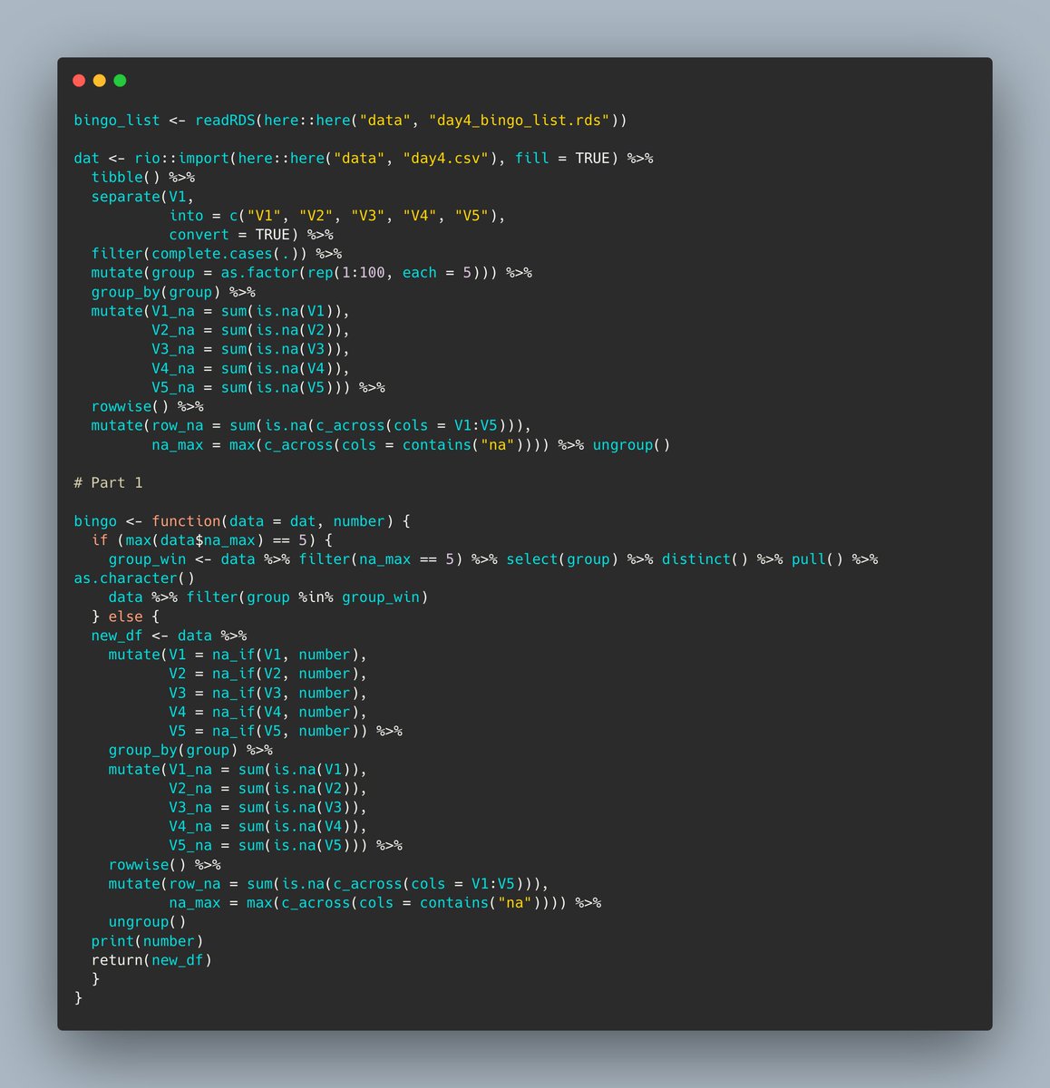 AndrewFarina01's tweet photo. Day 4 of #AdventOfCode was TOUGH; however, I finally go through it. Here is some code for part 1 to give you an idea where I was headed. It's definitely time for me to learn purrr::reduce()! #RStats https://t.co/KAbsXX9OzS I am learning every day, thank you @ericwastl https://t.co/9IpYtmdpGN