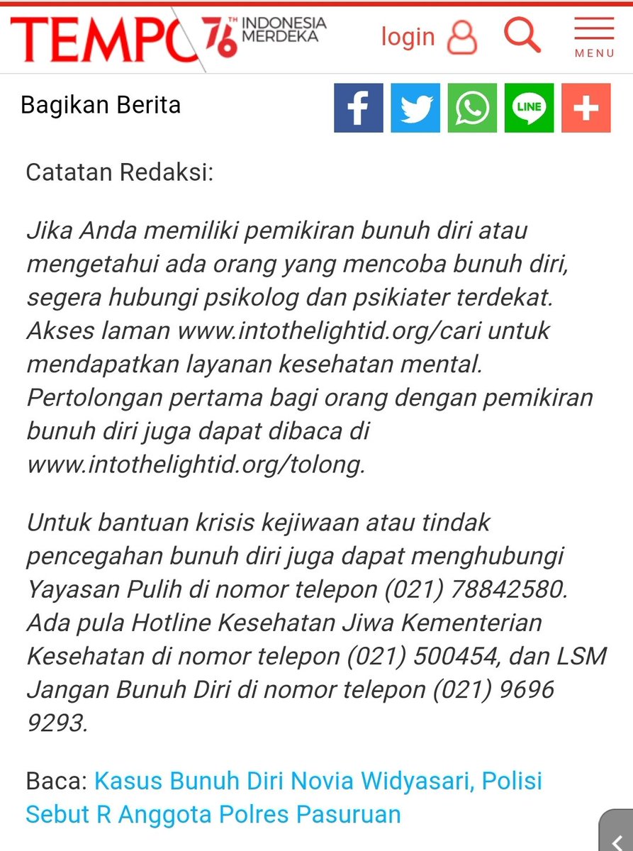 cvijetljubavi's tweet photo. Salut untuk @tempodotco, berita tentang #SAVENOVIAWIDYASARI (misal https://t.co/A6A1oxOLYj) ditambahi info soal pencegahan bunuh diri -- rujukannya a.l. ke @IntoTheLightID dan @YayasanPulih. 👍🏽 https://t.co/1sMkGnpWX6