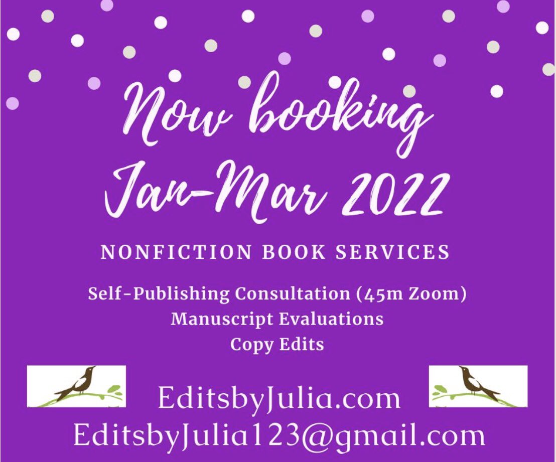 Now booking JAN-MAR 2022!
Nonfiction Book Services
✳️ Self-Publishing Consultations
✳️ Manuscript Evaluations
✳️ Copy Edits
** EditsbyJulia.com | EditsbyJulia123@gmail.com **
#editing #selfpublishing #editsbyjulia