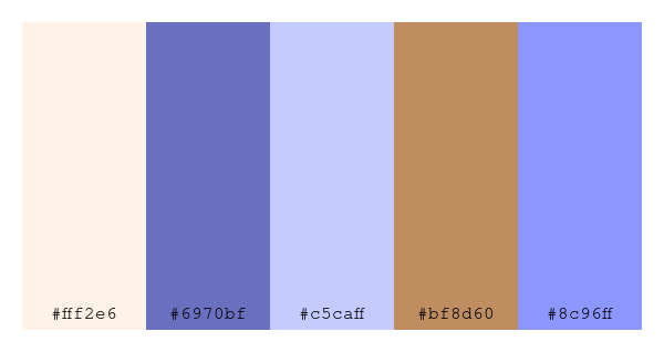 ColPaletteBot's tweet photo. Beep beep, here's a pretty color palette for you!
color-scheme.js parameters used:
- hue: 41
- variation: light
- colors: #fff2e6, #6970bf, #c5caff, #bf8d60, #8c96ff
Have a lovely evening!
#twitterbot #colorpalette #colors #palette #prettycolors https://t.co/vMmhYXAWqi