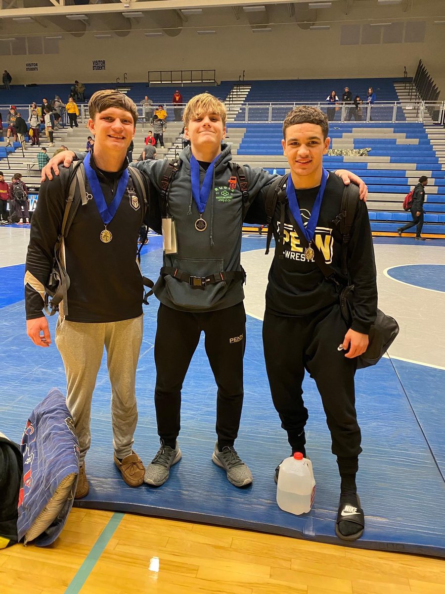 PennWC's tweet photo. Congratulations to our 3️⃣ individuals Champions of the Harvest Classic! 
Zymarion Hollyfield
Grant Mallery
AJ Steenbeke 
#KingsmenStrong https://t.co/NAAPpDgFZE