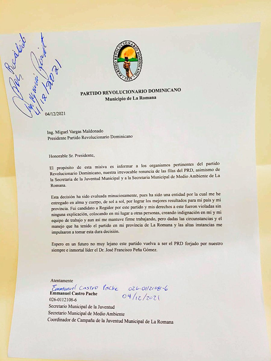 Se Desploma el PRD en la Romana con la salida del Equipo mas Sólido de ese Partido. El Equipo Castro liderado Por Emmanuel Castro ex-candidato a Regidor, Sec. Municipal de la Juventud, Secretario Municipal de Medio Ambiente y Coordinador de Campaña de la Juventud de la Romana.