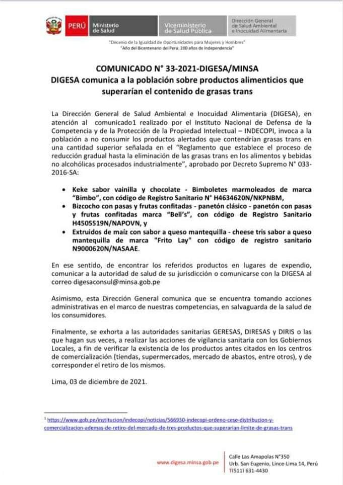 Minsa_Peru's tweet photo. 🔴 ATENCIÓN | Digesa invoca a la población a no consumir y denunciar lugares que comercialicen bimbolete marmoleado de Bimbo, panetón Bell's y chesse tris de Frito Lay. https://t.co/Gt2zB8nCaq