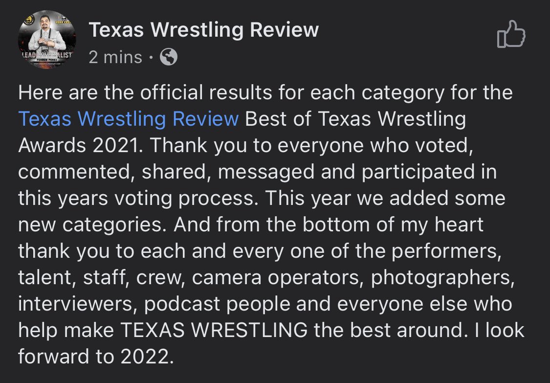 REtothePEAT's tweet photo. We did it! Atlas Wrestling is Texas Wrestling Reviews, promotion of year!
Thank you to everyone who voted for us. One whole month of listening to me campaign for votes.
#AtlasStrong https://t.co/ye4KSN93w8