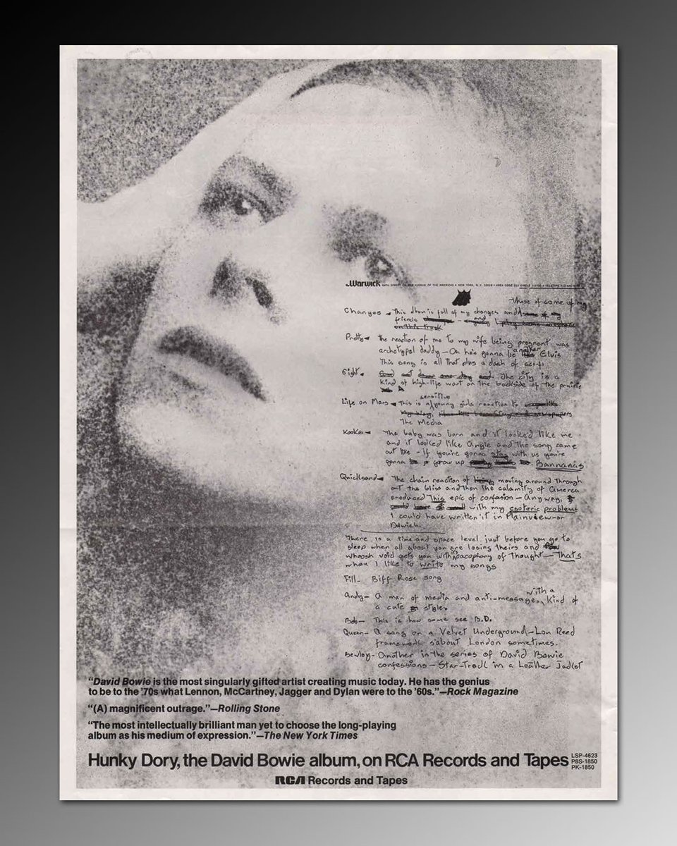 David Bowie's Hunky Dory LP (his first for RCA), was purportedly