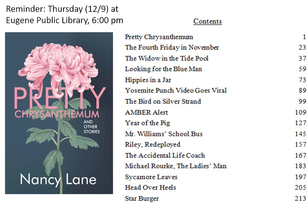 Please join me at the library in Eugene: 100 W. 10th Ave., between Olive and Charnelton Streets. The entrance to the parking garage is off of Charnelton St., between 10th and 11th. #eugeneoregon