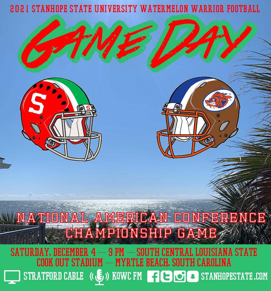 stanhopestate's tweet photo. GAMEDAY: Undefeated Watermelon Warriors take on South Central Louisiana St in Myrtle Beach for the National American Conference Championship Game.

For full coverage and recap, make sure you pick up a copy of tomorrow’s Daily Stanhopean.

🍉🏈🌴
#NACtion
https://t.co/SfDG1TSipW https://t.co/sB11aE22TL