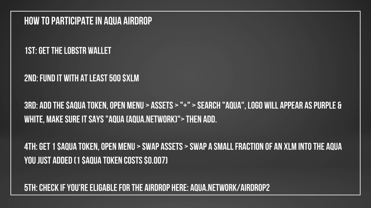 XRP_Airdrops's tweet photo. 🎈🎁♒️ $XLM $AQUA #AIRDROP ♒️🎁🎈

I recommend using the "Lobstr" Wallet in the APP store

Airdrop: 02/2022 - 02/2025🎈
(delivered over 3 years)
Snapshot: 12/15/21 📸
Must Hold at least: +500 $XLM &amp; 1 $AQUA

Token: $AQUA 💰
Twitter: @aqua_token🐦

Check Comments for more info!!💬 https://t.co/Ab0FSmBHAG