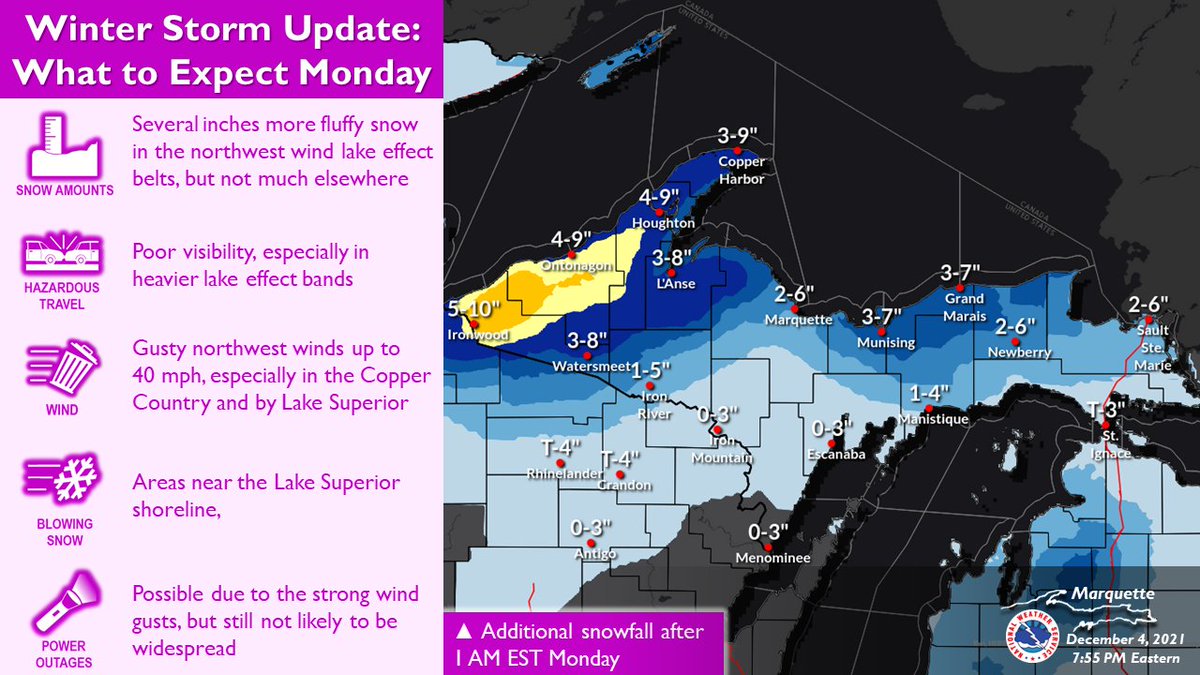 NWSMarquette's tweet photo. Here's an updated look at what to expect from this winter storm. Snow will begin Sunday morning and mostly end Sunday night, except continue in the northwest wind lake effect belts through Monday. Don't forget to tweet at us and let us know what you're seeing!
#906wx #miwx https://t.co/VlqfgGF8pC