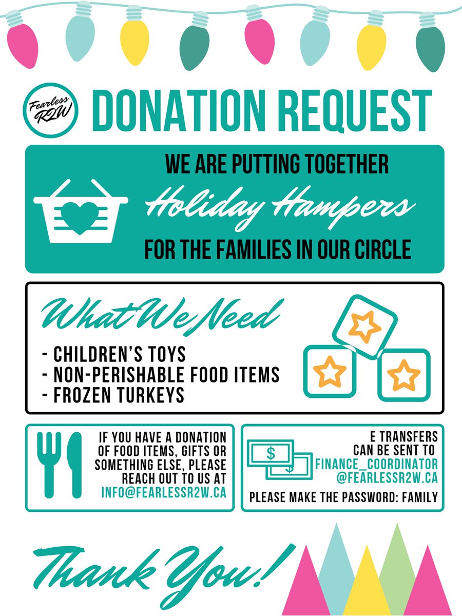 We are putting together #holiday hampers for the families in our circle! We are looking for children's toys, non perishable food items, frozen turkeys or other #hamper items!

If you want to donate financially you can send us e transfers with the password "family"!

🏀🎁🕹️🎲🎄