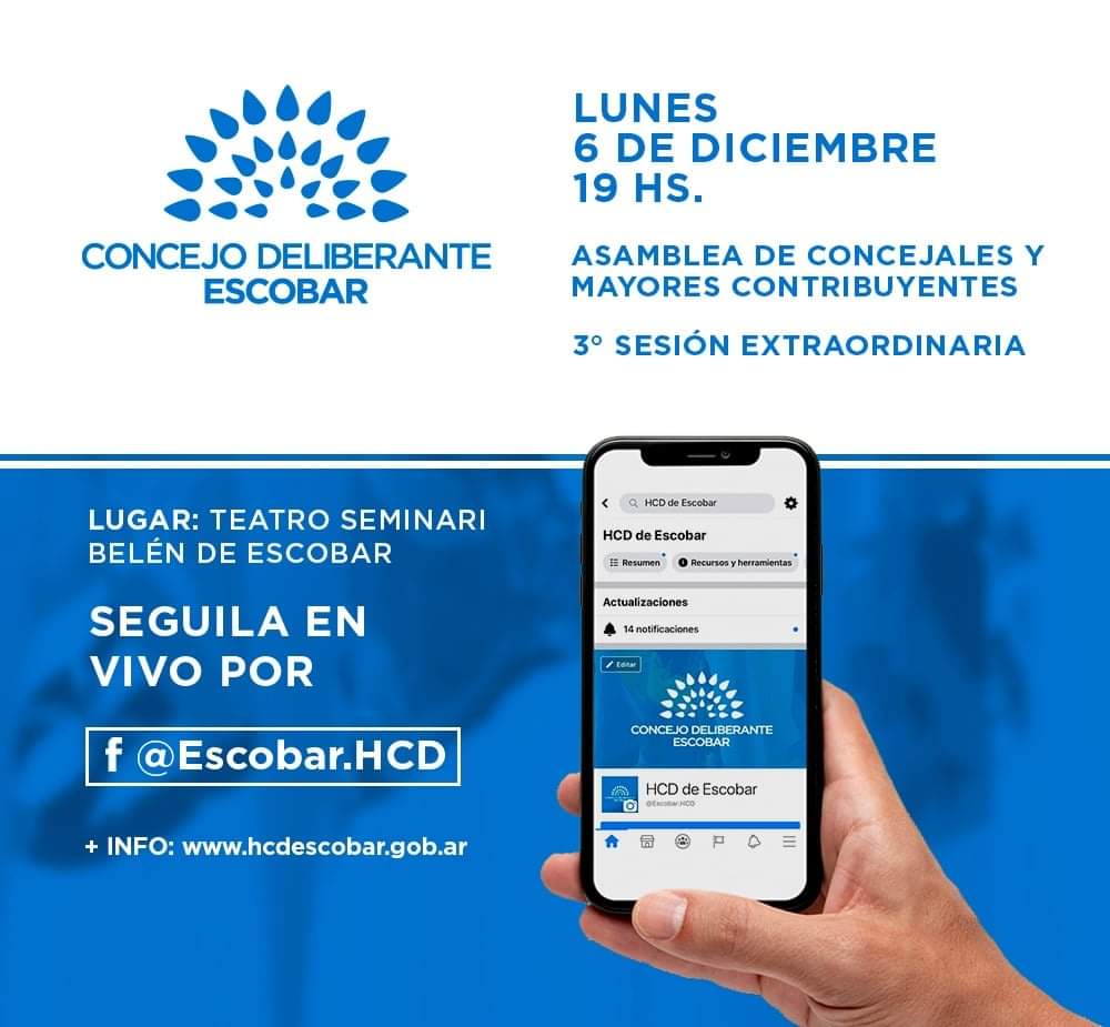 EscobarHCD's tweet photo. El Concejo Deliberante llevará a cabo la Asamblea de Concejales y Mayores Contribuyentes el próximo lunes 6/12, a las 19 horas, en el Teatro Municipal Tomás Seminari, ubicado en Mitre 453, Belén de Escobar. Posteriormente, se realizará la Tercera sesión extraordinaria del 2021. https://t.co/EMtEWOriZp