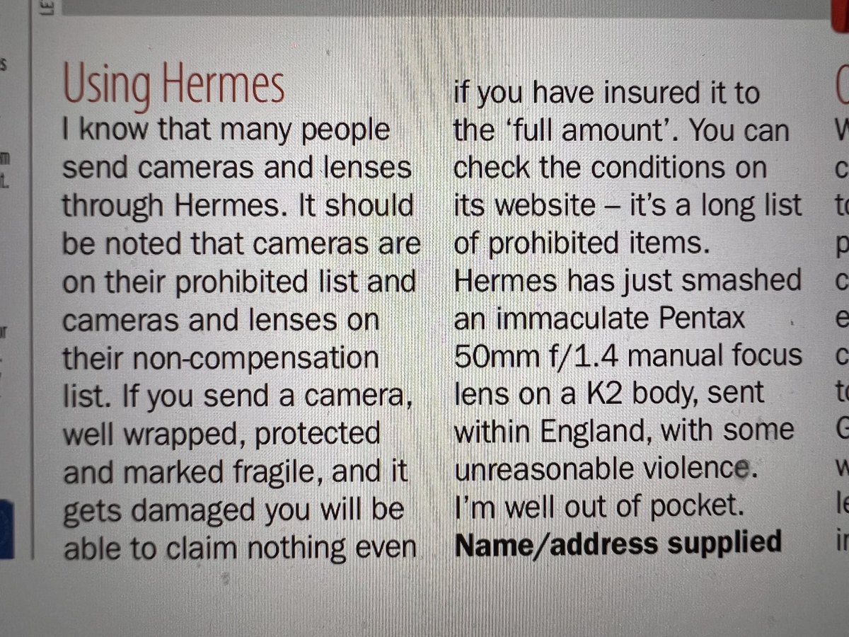 paulpottsmusic's tweet photo. Did you know that @Hermesparcels care so little about treating parcels with respect they dont give cameras or lenses any protection? Also, they will deliver your goods to any random address and send you a picture of a patch of tarmac to prove they didn’t deliver it correctly https://t.co/h4PGDzw0GW