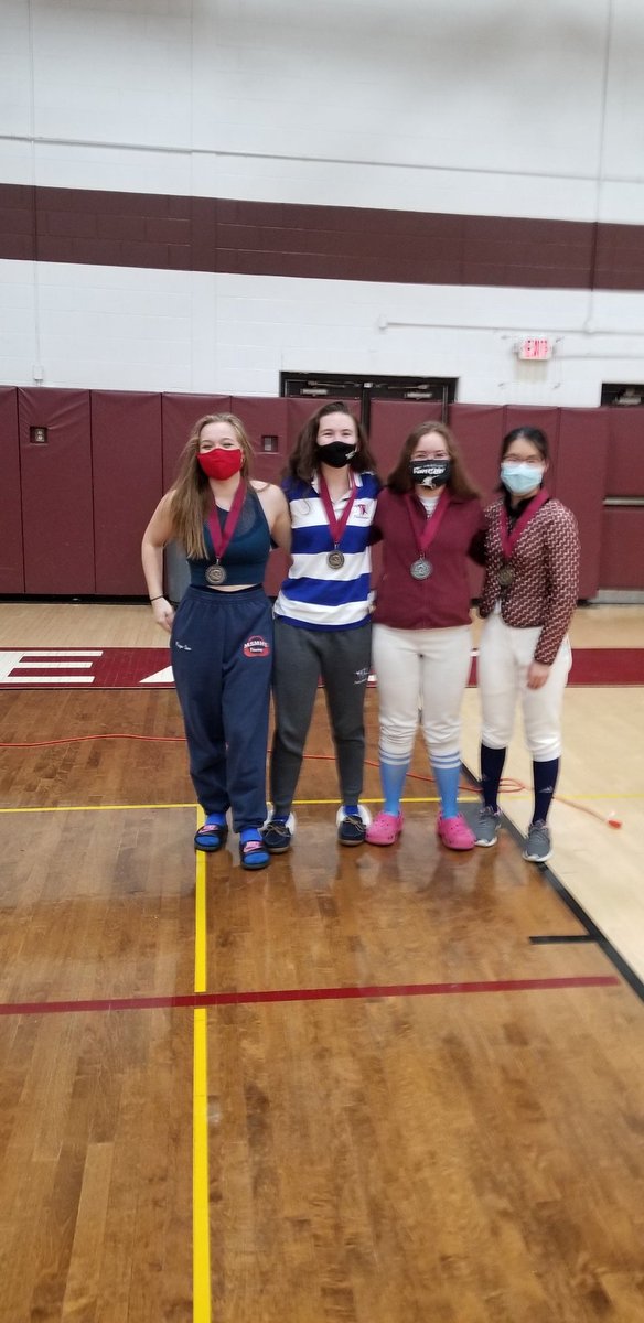 Waterford Fencing wins big at East Lyme Winter Classic in women's foil.
Right to left 2nd Charlotte Morin, 3T  Daniel Nykyforchyn, 3T Taylor Wininger-Sieve