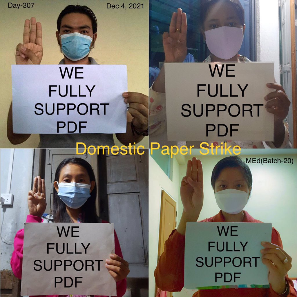 Kelvin_Maung's tweet photo. 4 CDM teachers (MEd, Batch-20) from Sagaing University of Education staged a “Domestic Paper Strike” by writing “WE FULLY SUPPORT PDF“ to protest against the military dictatorship at yesterday. 

#Dec5Coup  #WhatsHappeningInMyanmar https://t.co/1lE2d9X9wz