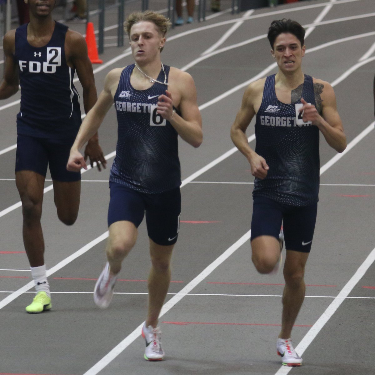 Nick Medeiros (1:04.74) &amp;  Ethan Delgado (1:04.76) battle it out in the men's 500m for a photo finish! <a href="/HoyasTrackXC/">Georgetown Track & Field / XC</a>