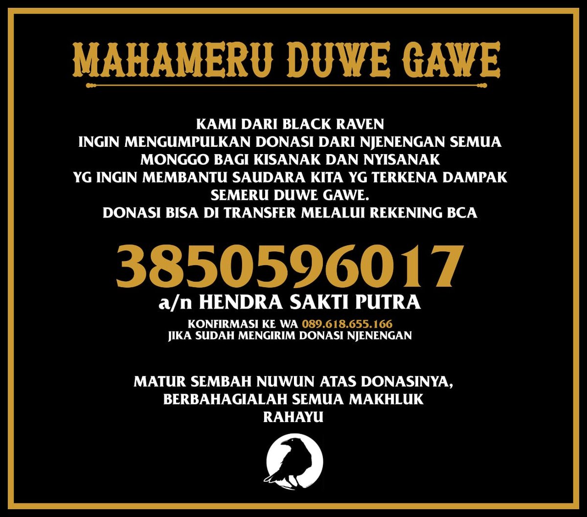 Monggo sedoyo...
Yg sudah donasi bisa wa ke 089618655166 
Berapapun donasi kalian, matur sembah nuwun 🙏🏼🔥🕉️