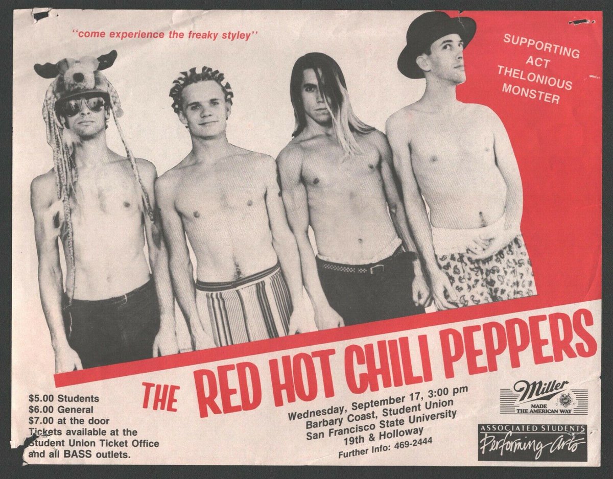 RED HOT CHILI PEPPERS HANDBILL A rare vintage Red Hot Chili Peppers handbill/flyer from a September 17, 1986 show at the Barbary Coast, Student Union, San Francisco State University, supported by Thelonious Monster. #recordmecca #redhotchilipeppers #rhcp

recordmecca.com/products-page/…