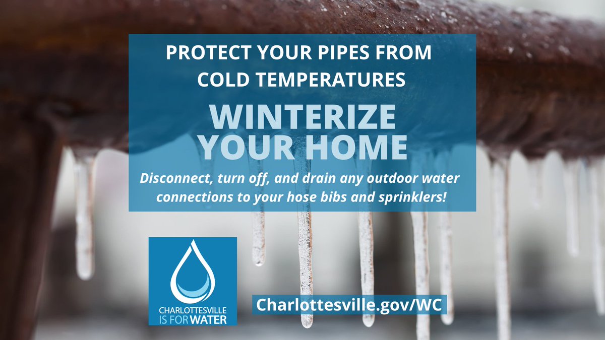 CvillePW's tweet photo. With these cold temperatures coming our way in #Charlottesville, remember to disconnect, turn off, and drain any outdoor water connections to your hose bibs and sprinklers! #ProtectYourPipes #WinterizingYourHome #CvilleWater #BRRRRRR❄️
https://t.co/CrPCtcsHVg https://t.co/Vy7fJyEteE