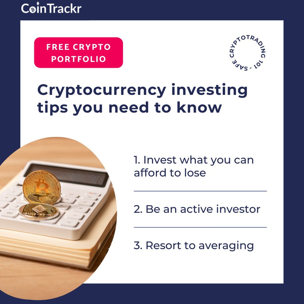 cointrackr's tweet photo. 1. Assuming you could lose the entire amount would caution you to invest only the spare money you have.
2. You must track the market often, crypto market's volatile. 
3. Averaging is buying or selling more crypto at every market dip or each time the market makes a new high. https://t.co/8o1JBvvpY4