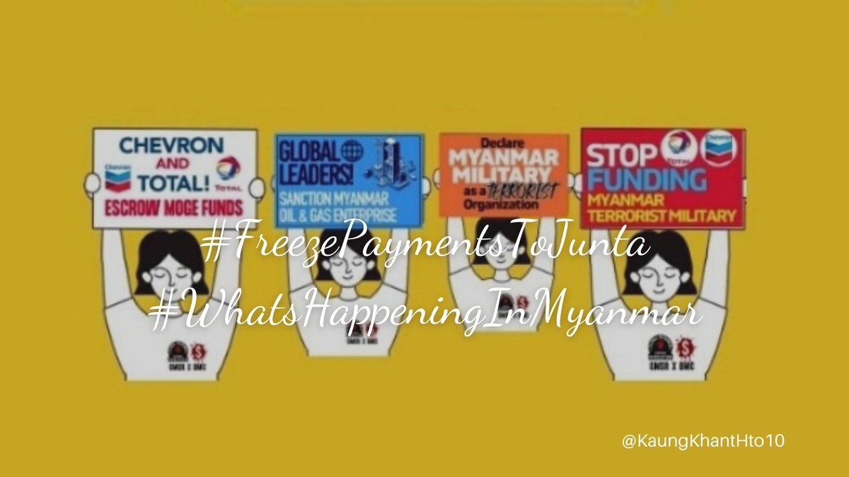 Companies like MOGE, POSCO,Chevron,Total,etc;are paying taxes to the dictator,these  mean supporting to kill the innocent #Myanmar Civilians. Do not pay taxes to the military council.

#FreezePaymentsToJunta
#Dec19Coup 
#WhatsHappeningInMyanmar
