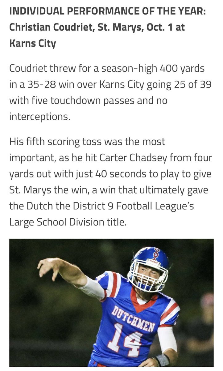 coudriet02's tweet photo. Blessed to be named All-Conference Offensive Player of the Year and Individual Performance of the Year!
@PaFootballNews https://t.co/U7R1bNokBy