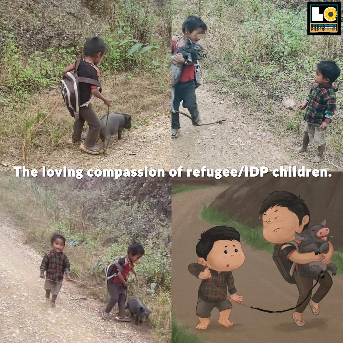 The loving compassion of refugee/IDP children. 
🐽❣️👬
Artwork: Credit  #Dec19Coup #HelpMyanmarIDPs #WhatsHappeningInMyanmar