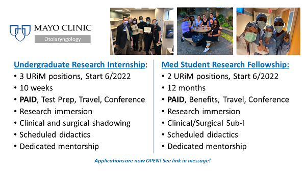 There are TWO paid #MayoENTresearch opportunities within our Undergraduate Research Internship AND our Medical Student Research Fellowship.
 
See here for application details. 
➡️ bit.ly/uripENT 
➡️ bit.ly/MedicalStudENT

And hear from our Alumni 👇.  

<a href="/AAOHNS/">AmAcadOtolaryngology</a>