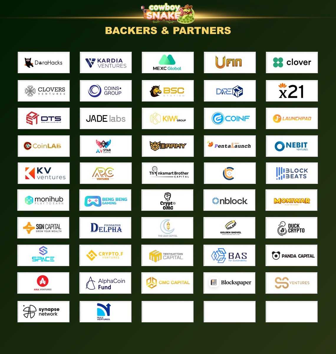 #CowboySnake is now delighted to introduce our incredible Backers and Partners.🤩🤩🤩

cowboysnake.com/#backer-partner

🐍With the long-term supports and extensive experience from these Backers &amp; Partners, Cowboy Snake gonna rock on the #GameFi universe 💪🔥🤟
#PlayToEarn #COWS #RIM