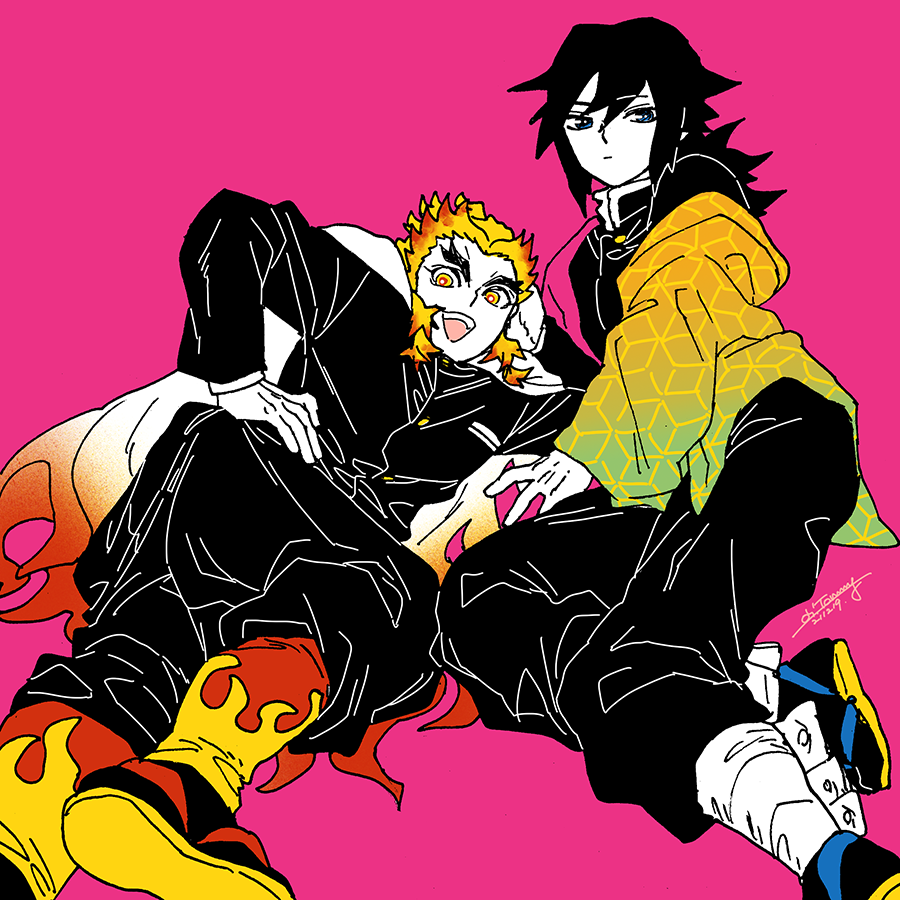 煉獄杏寿郎 ,冨岡義勇 「ねころび煉義🔥🌊 」|おおとみのイラスト