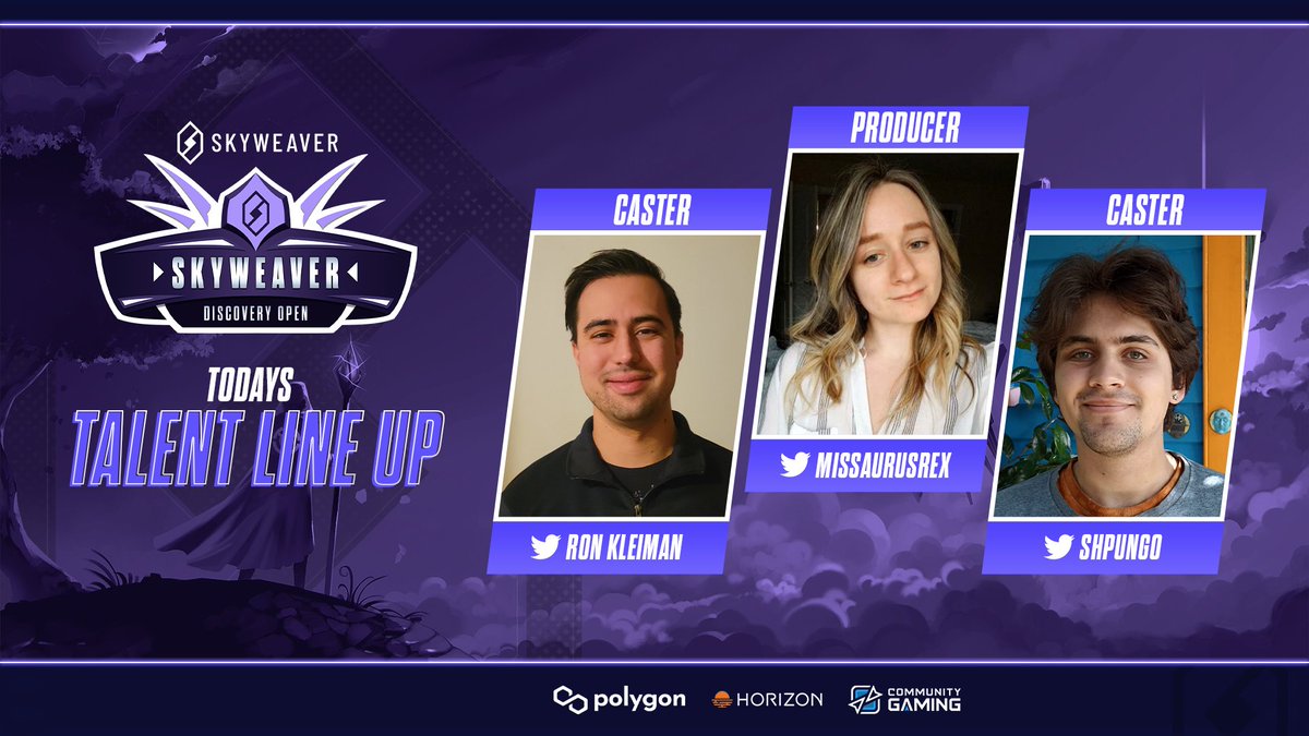 We're just under an hour away from the $5000 USDC <a href="/SkyweaverGame/">Skyweaver</a> Discovery Open broadcast in partnership with <a href="/0xPolygon/">Polygon | POL</a> &amp; <a href="/0xHorizonGames/">Horizon</a> !

📺twitch.tv/communitygamin…

🎙BROADCAST
<a href="/MissaurusRex/">MissaurusRex</a> 
<a href="/RonCities/">Roncities</a> 
<a href="/sebasti04876110/">Shpungo</a>