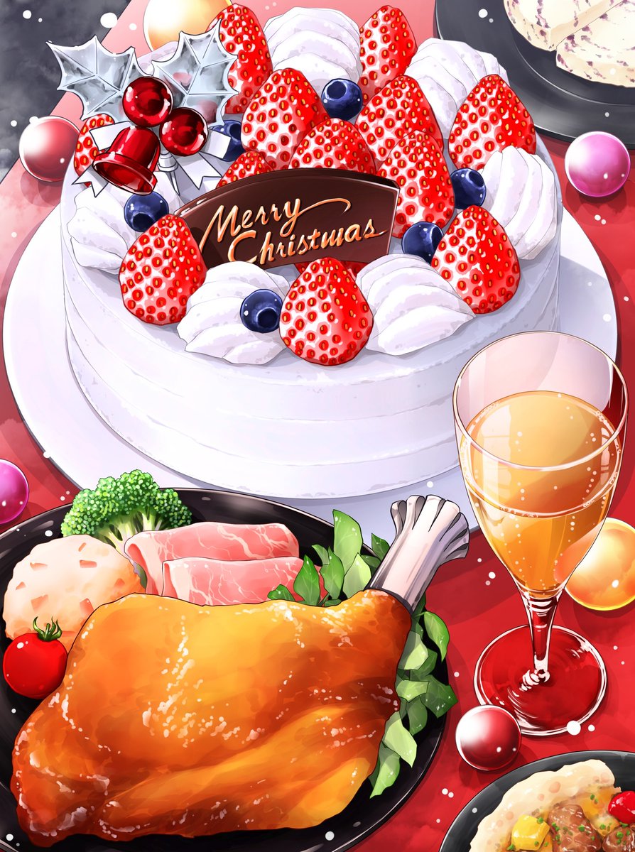 「二百八十 クリスマスケーキとチキン 
#絵描きさんと繋がりたい 
#イラスト #」|邑楽野 粉達摩のイラスト