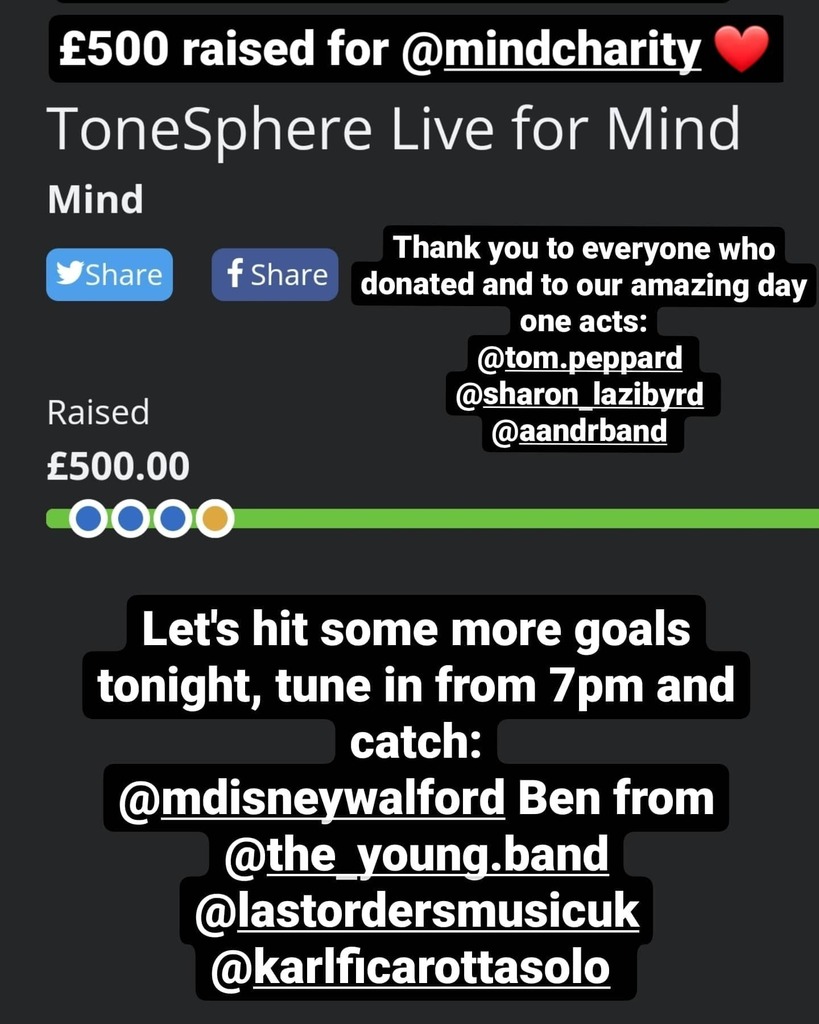 The day one results are in...
Wow! We were not expecting that! 😳
£500 raised for <a href="/mindcharity/">Mind</a> 

Thanks to everyone who donated and to our amazing day one acts!
<a href="/tom/">Tom</a>.peppard 
@sharon_lazibyrd 
@aandrband 

Let's smash some more targets tonight from 7pm with:
@mdisneywalford 
…