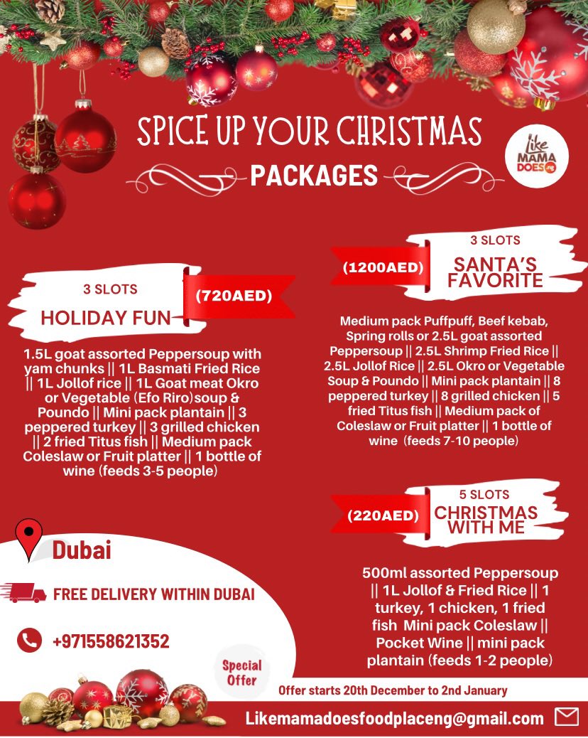 LikeMamaDoes's tweet photo. Christmas doesn’t have to feel lonely in a foreign country. 

Hangout with friends/neighbors. Share a meal. 
Hence these Yuletide packages 🎄🎅🏽❤️

Tag someone in Dubai please. 🇦🇪 🇳🇬 https://t.co/d9Gb5WUHml