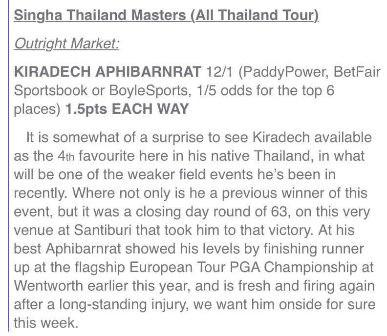 SJPGolfTips's tweet photo. ๐ฅ A fitting end to 2021, WINNER AND 2021 @singhathailand Masters Champion - KIRADECH APHIBARNRAT ๐น๐ญ
This Bet: 3pts Outlaid, 24.6pts Retuned ๐๐ธ๐ฐ๐๐
Get involved ๐
๐ฒ https://t.co/qZIvwkPLT3 ๐งโ๐ป Coupon code BLACKFRIDAY still active ๐
#Golf #StrictSystem #Winning #Profit https://t.co/WTlq51iMit