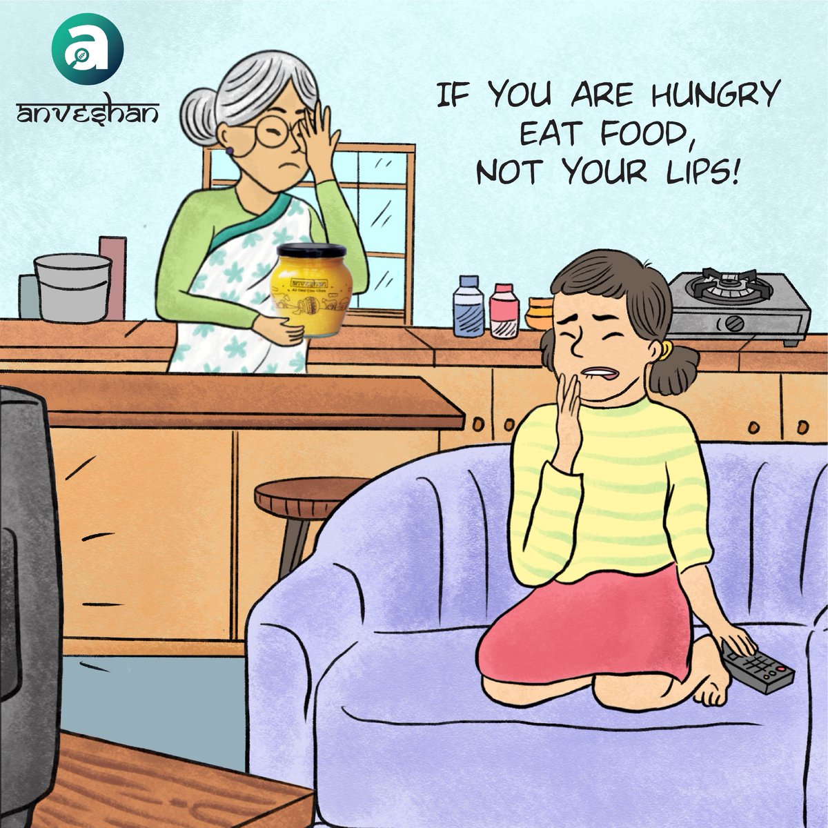 Anveshan_farms's tweet photo. Licking chapped & dry lips can be tempting, but saliva contains digestive enzymes that only make your lips drier.
So instead, listen to Dadi's advice & use ghee instead! Applying ghee will help keep your lips plump & soft all winter. So now let's see that smile!
#GoTraditional https://t.co/64PBDfNC0o