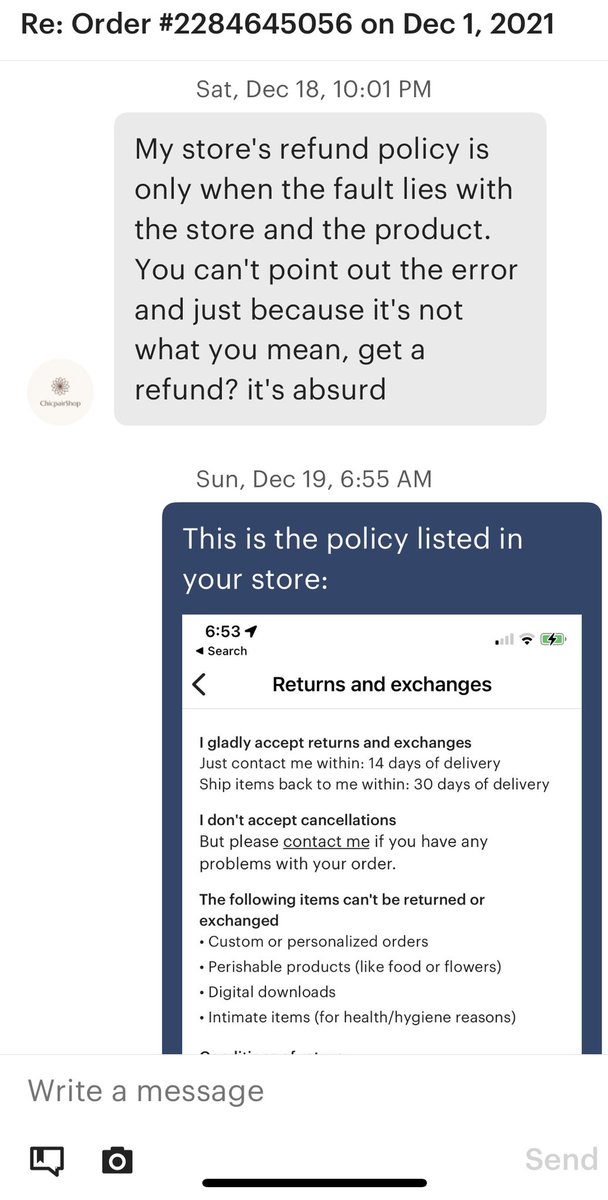 SunnyMIA305's tweet photo. @Etsy I’ve been requesting a refund with one of your sellers since Dec 15 and seller is refusing a refund. See pics for examples of msgs with seller. I now want my refund of $24.93 based on principle and for the other reviewers saying they are ignored when requesting a refund. https://t.co/eeVhsR1diW
