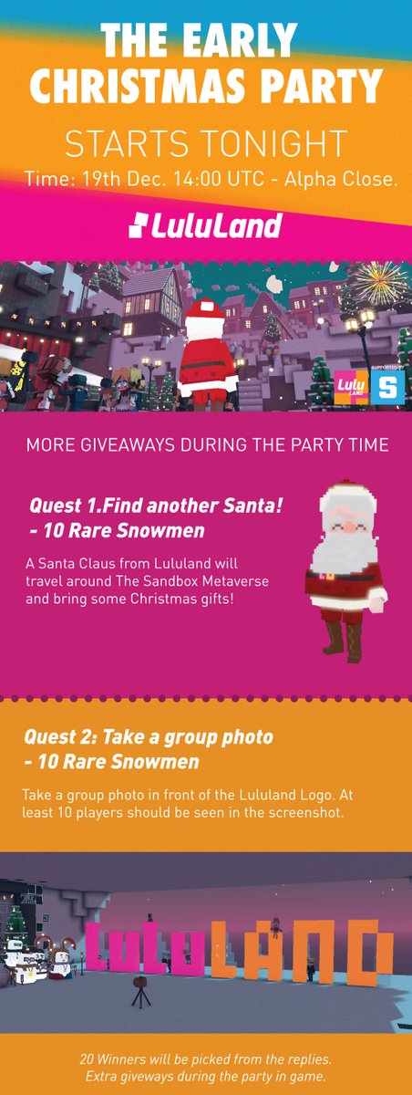🎁XMAS GIVEAWAY🎁

Giveaway More than 20 snowmen
👉 sandbox.game/en/shop/?colle…
 1⃣Follow <a href="/LuluLand_World/">LuluLand World</a>
 2⃣RT &amp; Tag 3 friends
 3⃣Reply with screenshot
❤️Post 2 replies of each quest will count twice.
———
⏳Until Alpha Close
<a href="/TheSandboxGame/">The Sandbox</a>
#SandboxGame