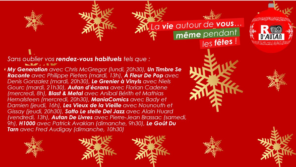 r_dautan's tweet photo. Dès demain #RDAutan Radio passe en mode fêtes ! Sapin de noël

Découvrez notre #programmation : Le meilleur des émissions de la #rédaction, En attendant #Noël, Un Noël En #Musique, La Grande #Playlist du Réveillon, La Grande Playlist du 31 ainsi que vos rendez-vous habituels... https://t.co/lTpWnek9fU