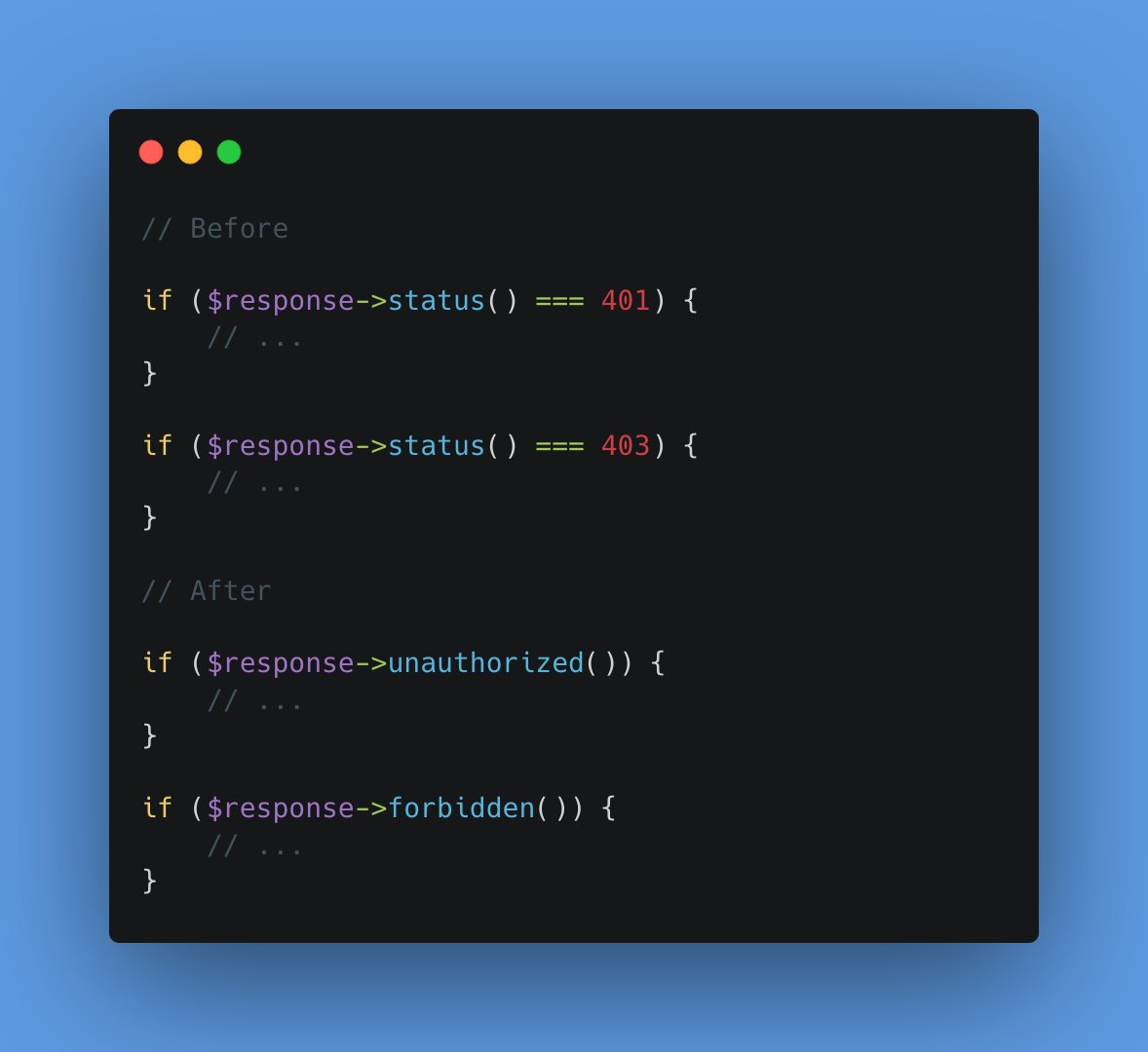 Forbidden and Unauthorized method for Response class in Laravel 8.76.

#Laravel #PHP #programming #programmers #Tips #Teacoders