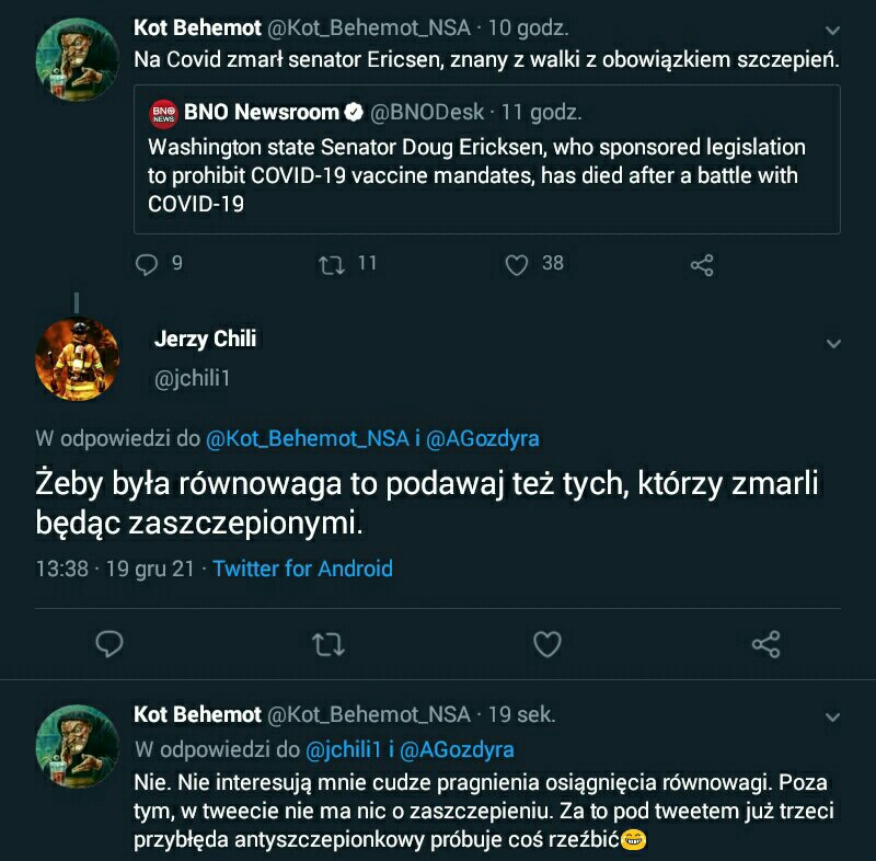 Kot_Behemot_NSA's tweet photo. Zwykły tweet z informacją o śmierci a tak się spodobał antyszczepionkowym "analitykom"😂 #AleJakTo, #MythConfirmed, #trolle https://t.co/BOGBOYtwq9