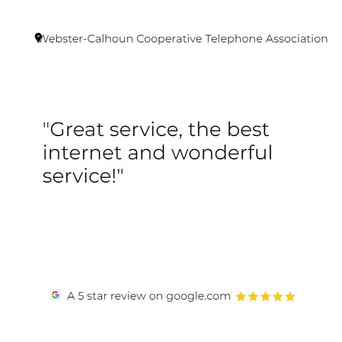 WebsterCalhoun's tweet image. Thanks Berna for the wonderful review of Webster-Calhoun Cooperative Telephone Association. We appreciate you taking time to leave your feedback and we look forward to seeing you again soon!